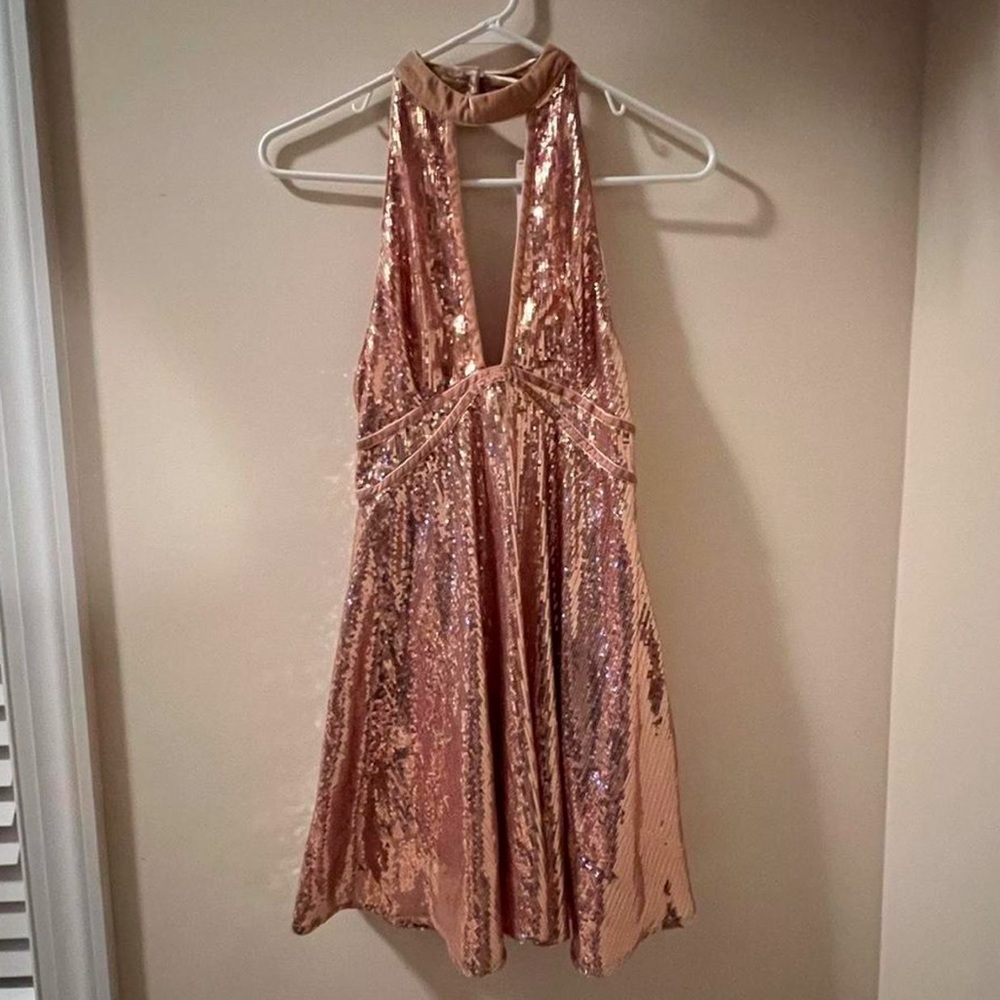 NWT Free People Halter Sequin Rose Gold dress with velvet trim.Size 0